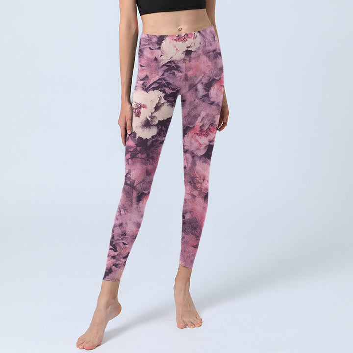 Buddha Stones Purple Peony Flowers Print Gym Leggings Women's Yoga Pants