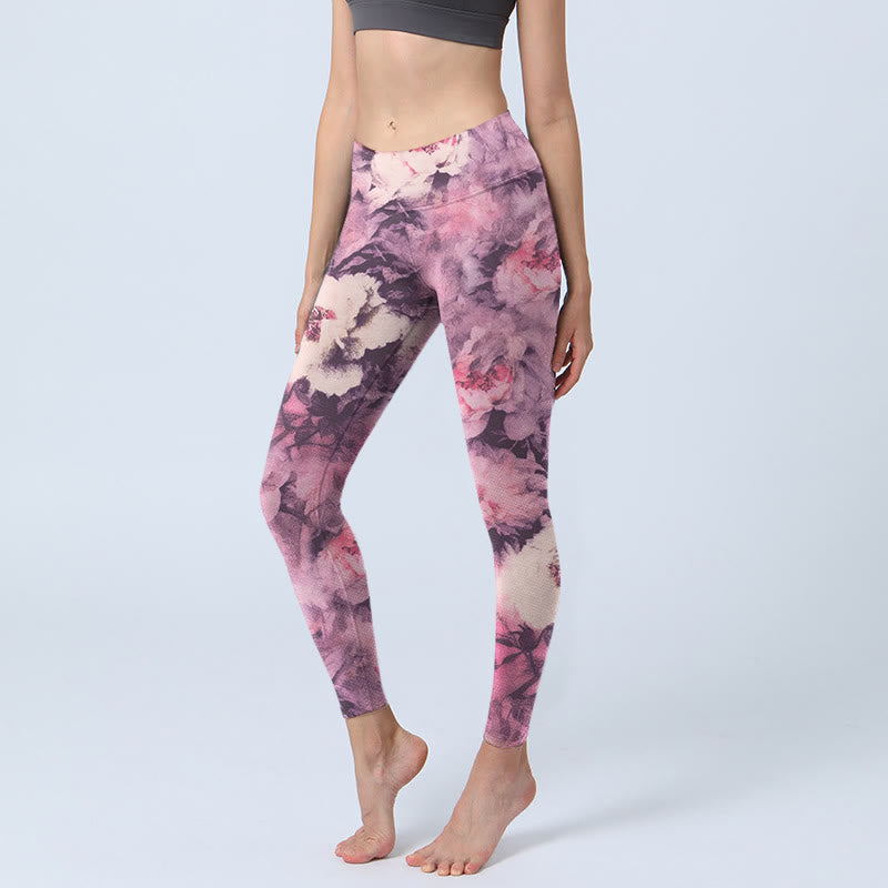 Buddha Stones Purple Peony Flowers Print Gym Leggings Women's Yoga Pants - Orchid - US18，UK/AU22，EU50 (4XL) - image 0