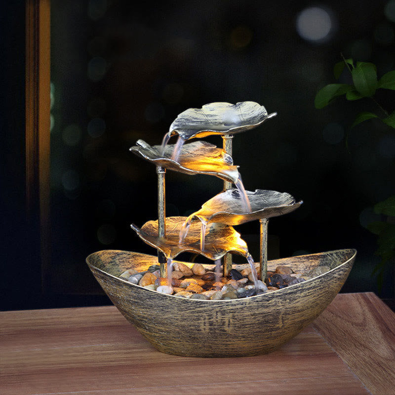 Buddha Stones Lotus Leaf Shaped Waterfall Fountain Tabletop Ornaments With LED Light Home Office Desktop Decoration - Silver(Plastic Version)-Includes Approx. 10–15 Pebbles (~300g) - image 0