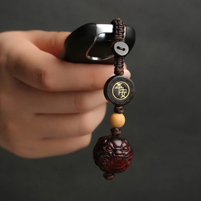 Buddha Stones Small Leaf Red Sandalwood PiXiu Safe and Well Protection Key Chain