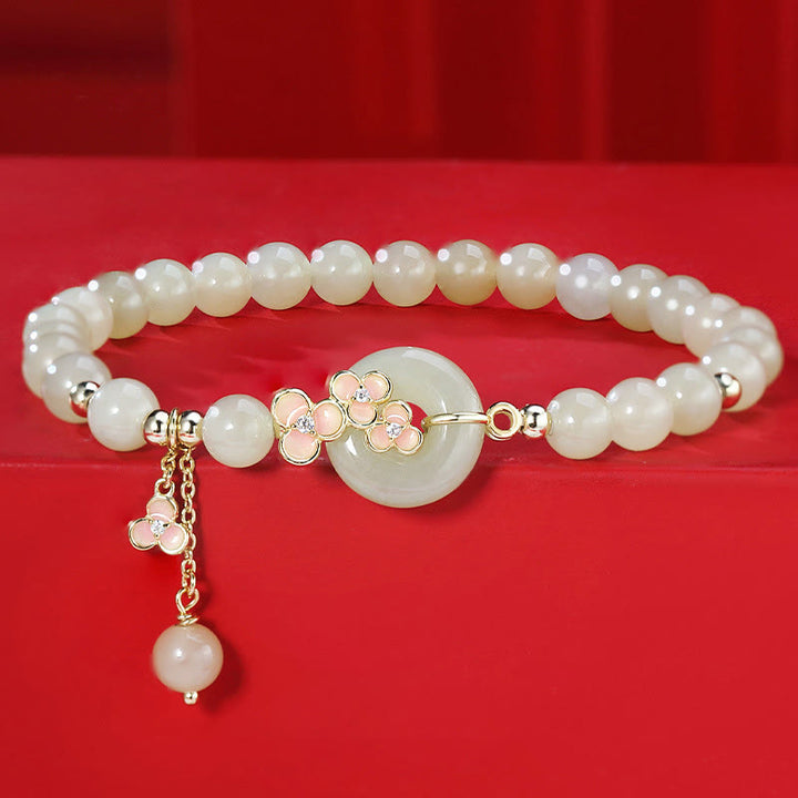 Buddha Stones 925 Sterling Silver Natural Hetian Jade Peach Blossom Peace Buckle Zircon Luck Bracelet Necklace Pendant