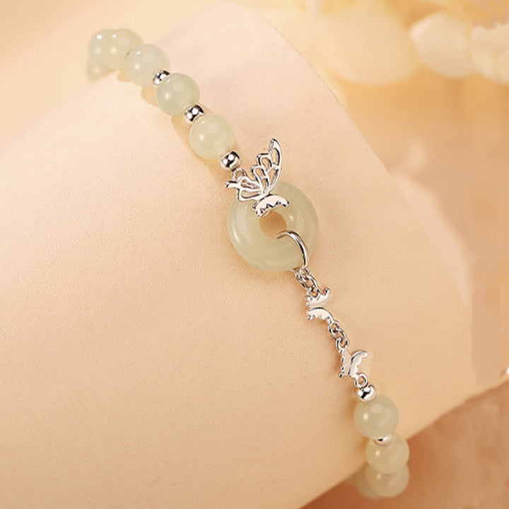 Buddha Stones 925 Sterling Silver Natural Hetian Jade Peace Buckle Butterfly Luck Prosperity Bracelet Necklace Pendant