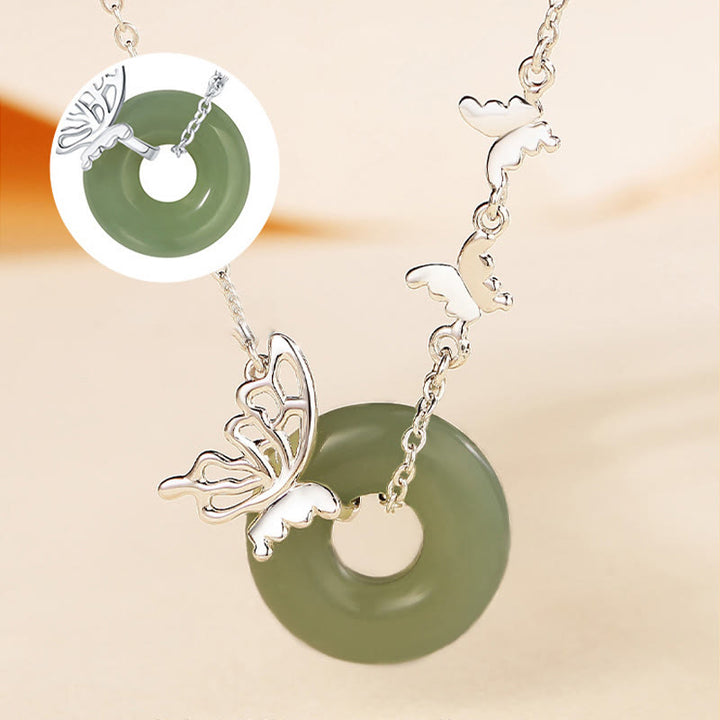 Buddha Stones 925 Sterling Silver Natural Hetian Jade Peace Buckle Butterfly Luck Prosperity Bracelet Necklace Pendant - image 2
