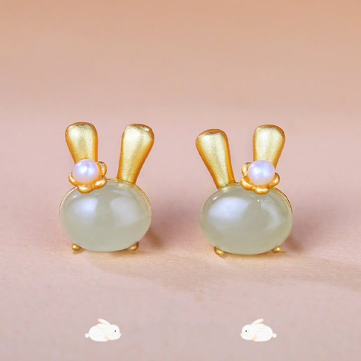 Buddha Stones 925 Sterling Silver Natural Hetian Jade Cute Rabbit Pearl Abundance Earrings