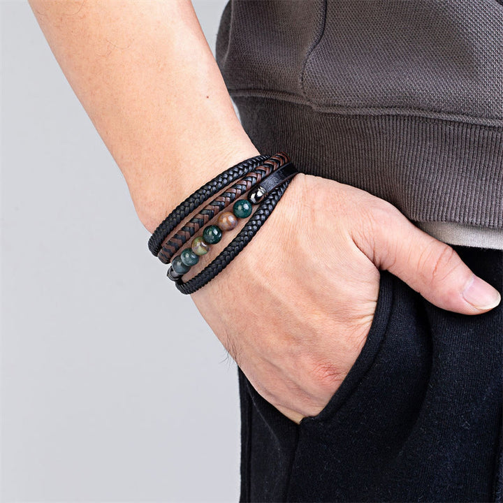 Buddha Stones Tiger Eye Lava Rock Black Onyx Lazurite Lapis Lazuli Hematite Bead Positive Leather Bracelet - image 18