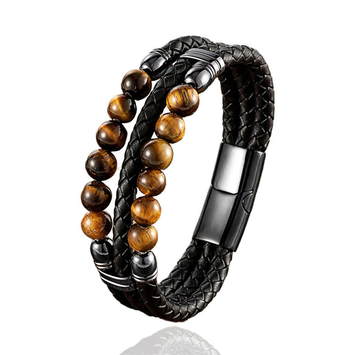 Buddha Stones Tiger Eye Hematite Lava Rock Black Onyx Lazurite Lapis Lazuli Beads Protection Strength Leather Bracelet - image 8