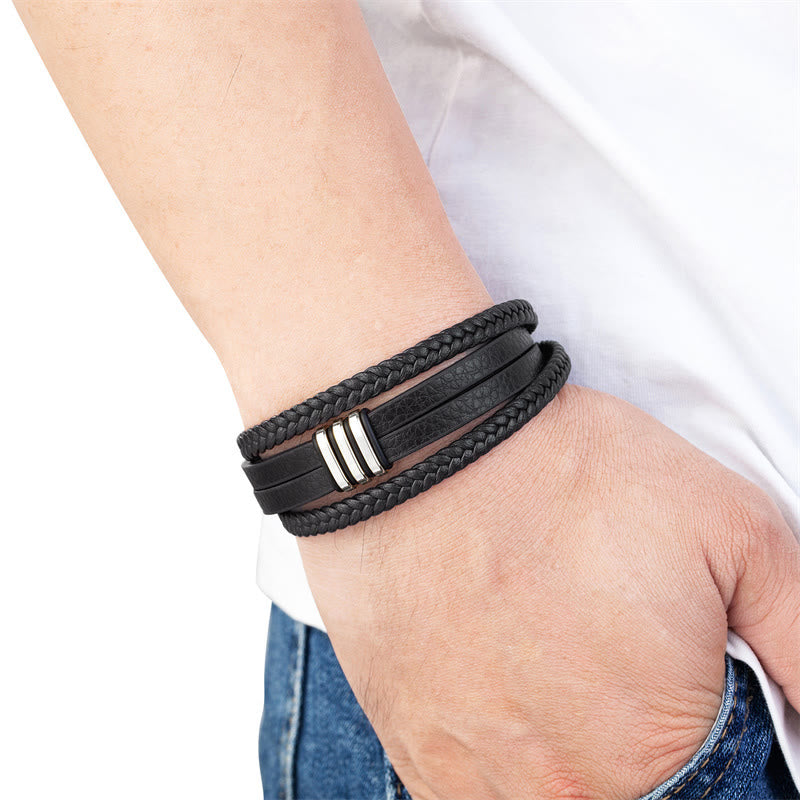 Buddha Stones Handmade Braided Leather Calm Titanium Steel Buckle Bracelet