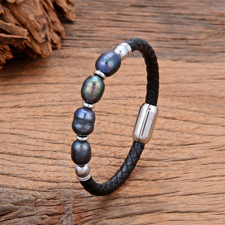 Buddha Stones Handmade Irregular Shaped Pearls Healing Leather Titanium Steel Buckle Bracelet