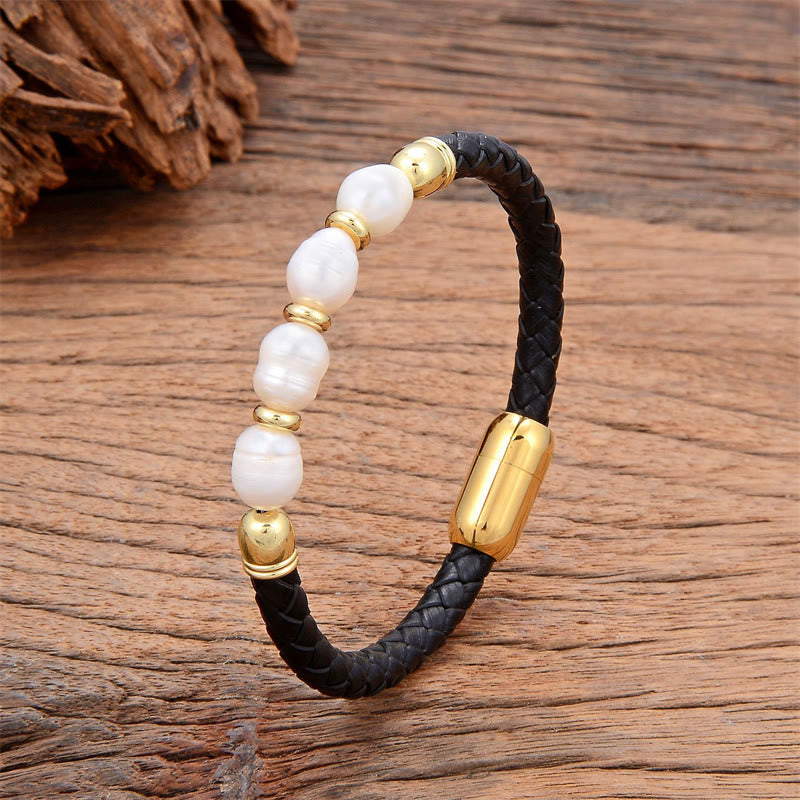 Buddha Stones Handmade Irregular Shaped Pearls Healing Leather Titanium Steel Buckle Bracelet