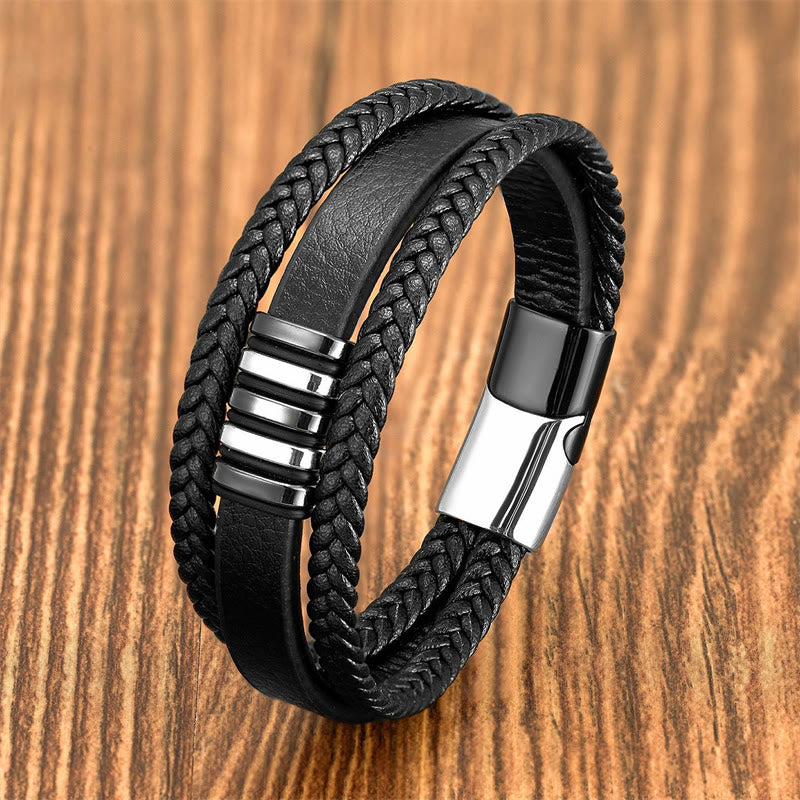 Buddha Stones Multi-layer Leather Rope Titanium Steel Buckle Balance Bracelet