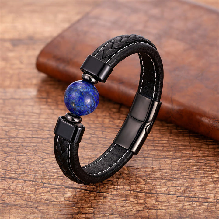 Buddha Stones Lazurite Black Onyx Tiger Eye Lava Rock Om Mani Padme Hum Serenity Leather Bracelet