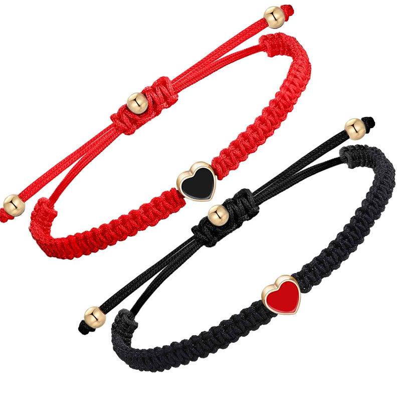 Buddha Stones 2Pcs Handmade Braided Rope Love Heart Luck Couple Bracelet