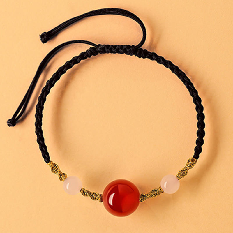 Buddha Stones Hetian Jade Black Onyx Red Agate Bead Luck Braided Bracelet