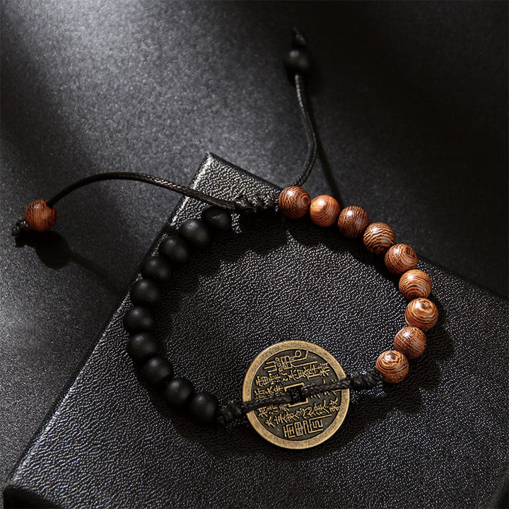 Buddha Stones Ebony Wood Wenge Wood Mountain Ghosts Spend Money Bagua Copper Coin Peace Bracelet