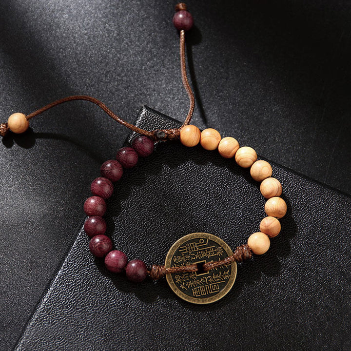 Buddha Stones Ebony Wood Wenge Wood Mountain Ghosts Spend Money Bagua Copper Coin Peace Bracelet