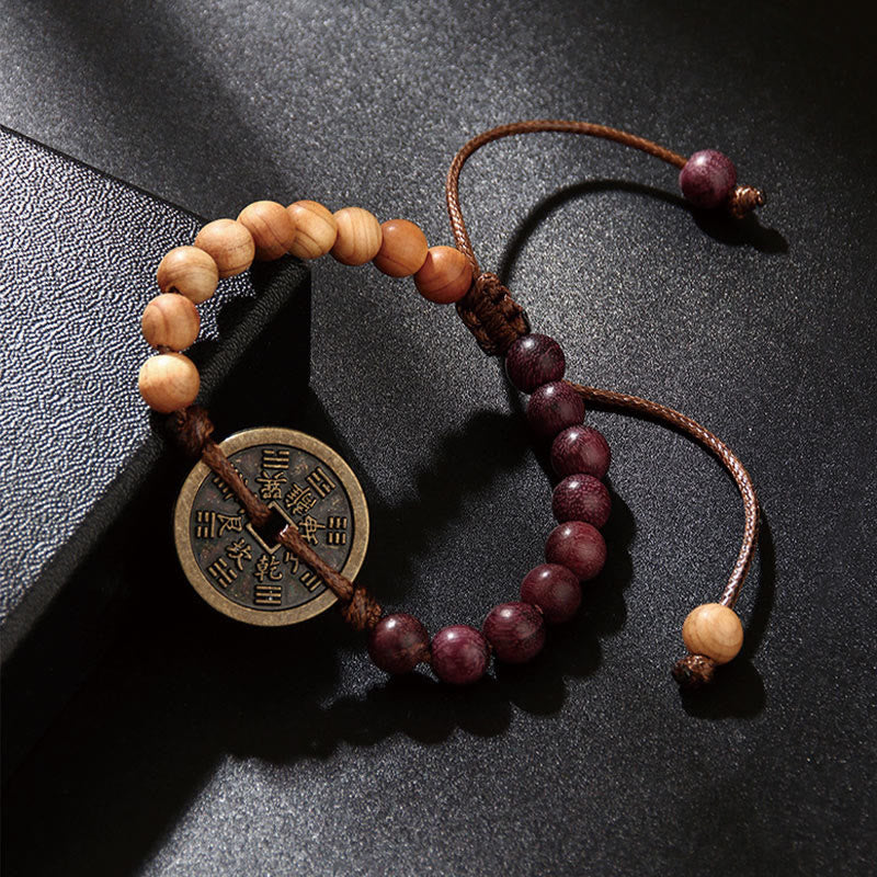 Buddha Stones Ebony Wood Wenge Wood Mountain Ghosts Spend Money Bagua Copper Coin Peace Bracelet