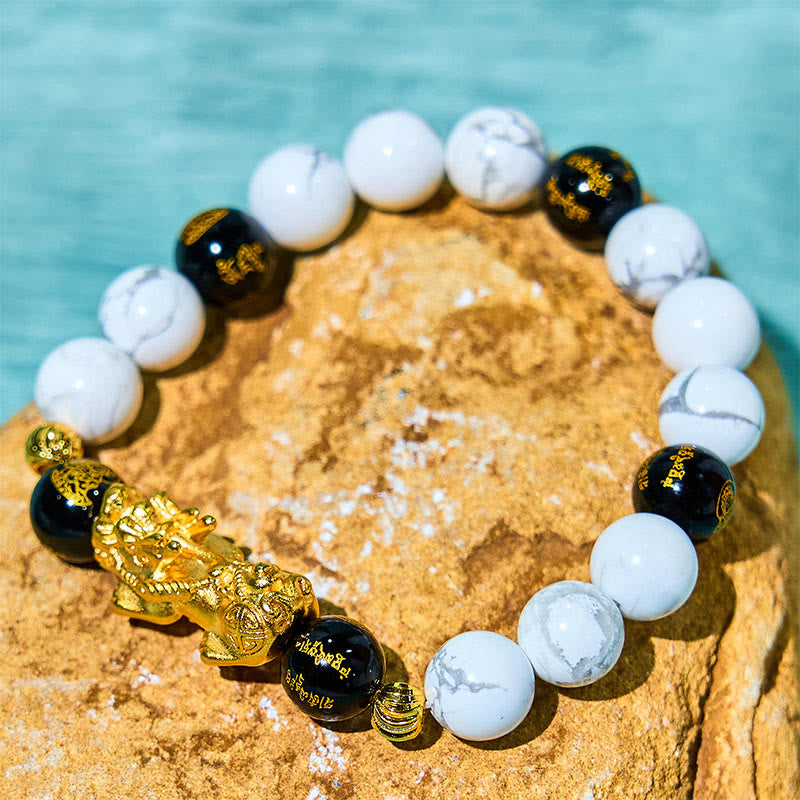 Buddha Stones Vintage White Turquoise Black Onyx Pixiu Beads Blessing Bracelet