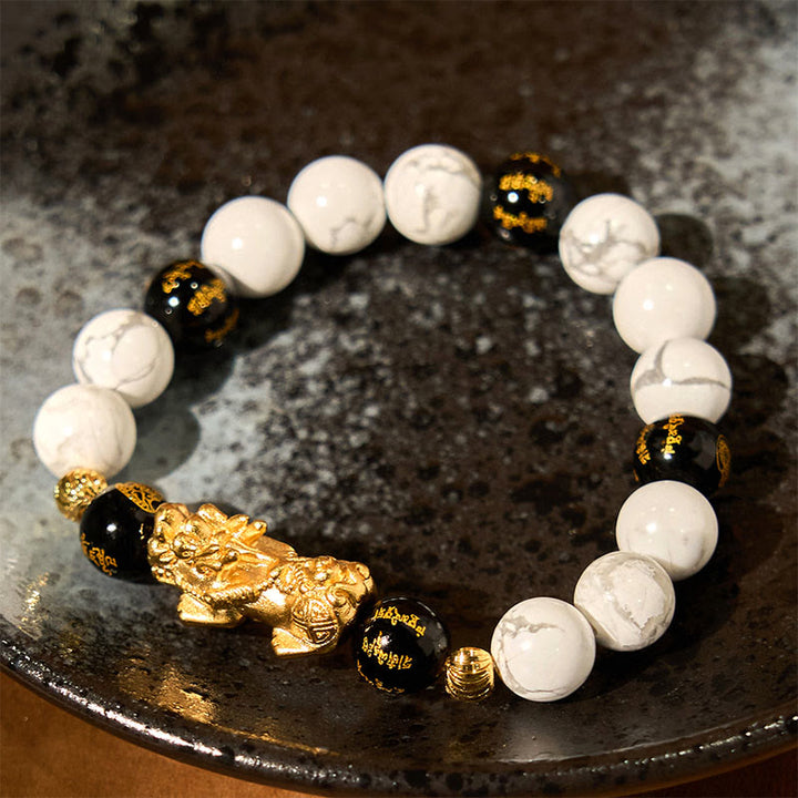 Buddha Stones Vintage White Turquoise Black Onyx Pixiu Beads Blessing Bracelet