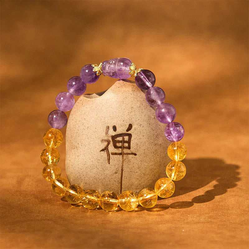 Buddha Stones Citrine Amethyst Pixiu Prosperity Bracelet