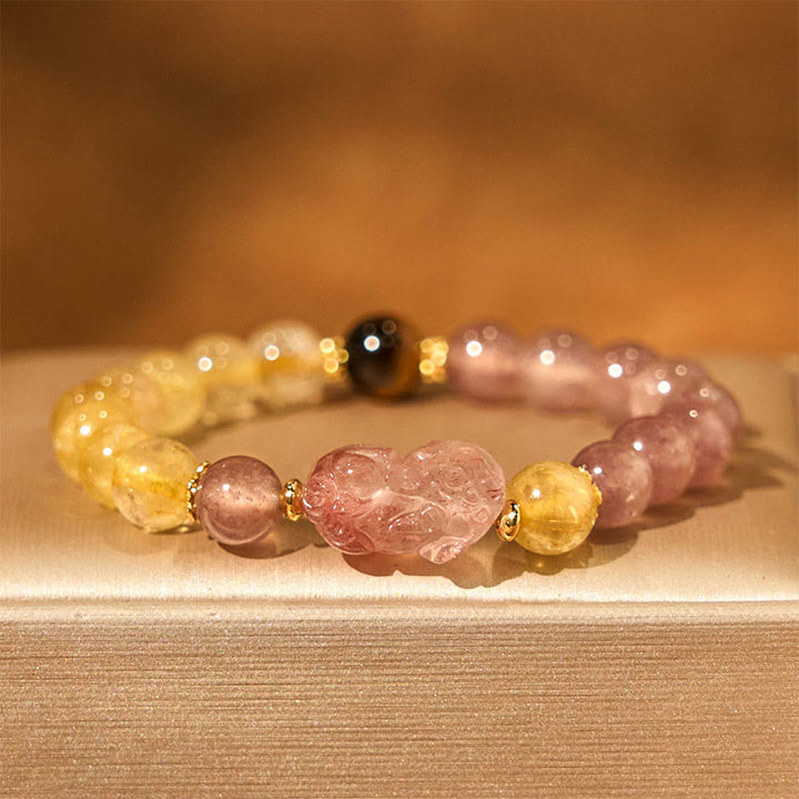 Buddha Stones Strawberry Quartz Pixiu Rutilated Quartz Beads Healing Bracelet