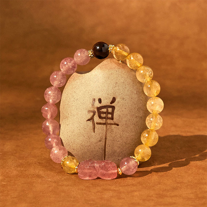 Buddha Stones Strawberry Quartz Pixiu Rutilated Quartz Beads Healing Bracelet