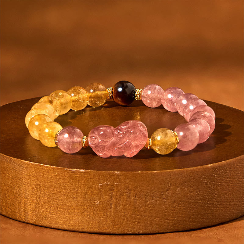 Buddha Stones Strawberry Quartz Pixiu Rutilated Quartz Beads Healing Bracelet