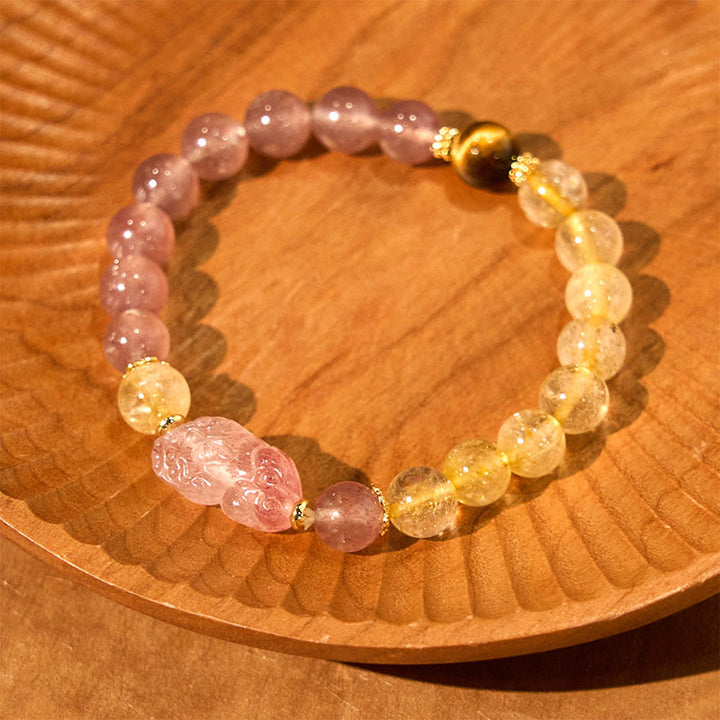 Buddha Stones Strawberry Quartz Pixiu Rutilated Quartz Beads Healing Bracelet