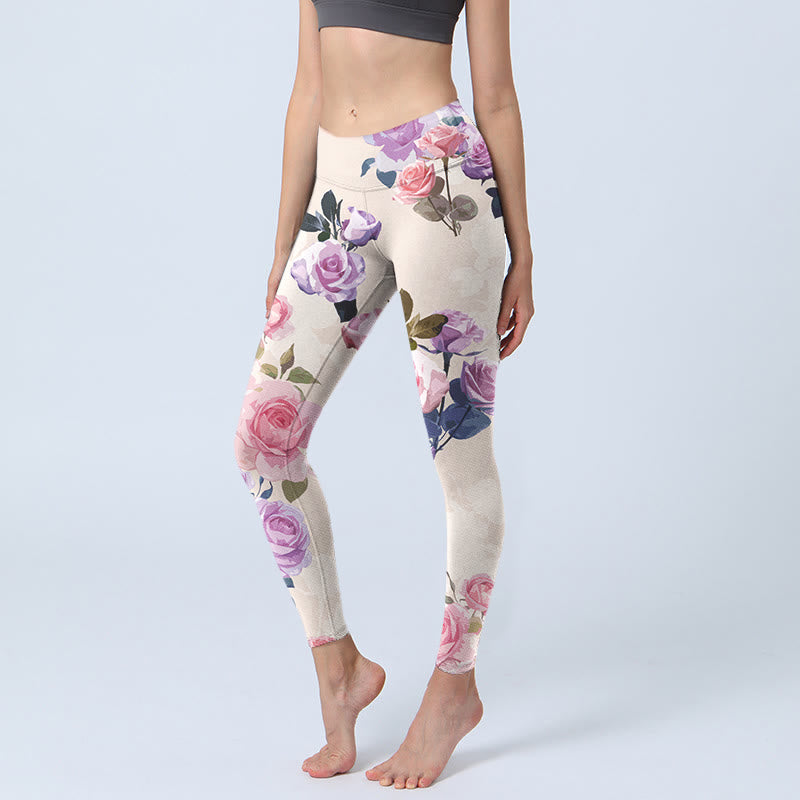 Buddha Stones Beige Rose Flowers Print Gym Leggings Women's Yoga Pants - Beige - US18，UK/AU22，EU50 (4XL) - image 0