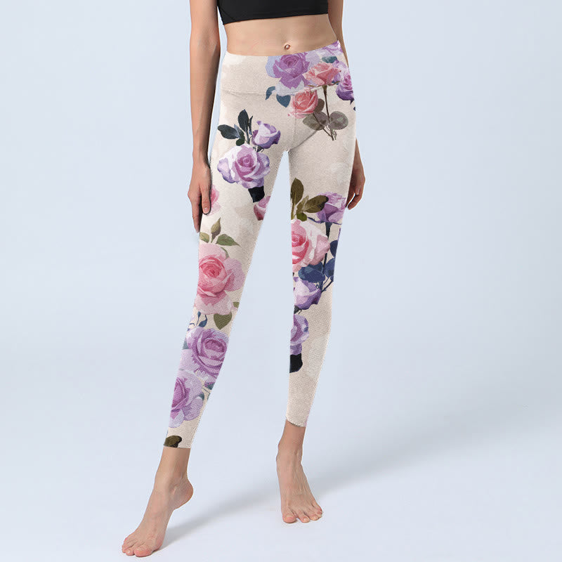 Buddha Stones Beige Rose Flowers Print Gym Leggings Women's Yoga Pants