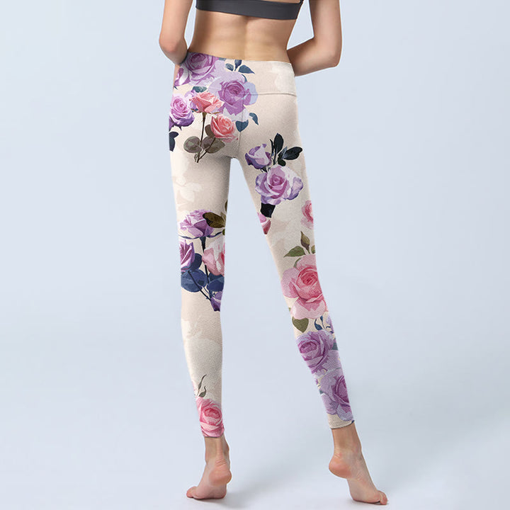 Buddha Stones Beige Rose Flowers Print Gym Leggings Women's Yoga Pants