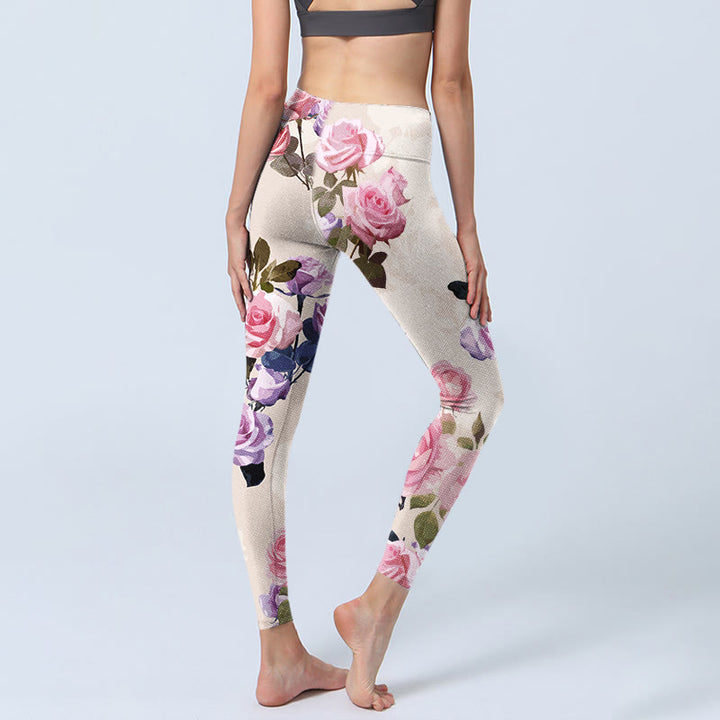 Buddha Stones Beige Rose Flowers Print Gym Leggings Women's Yoga Pants