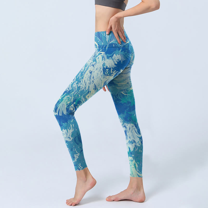Buddha Stones Blue Abstract Oil Paint Water Pattern Print Gym Leggings Women's Yoga Pants - image 2