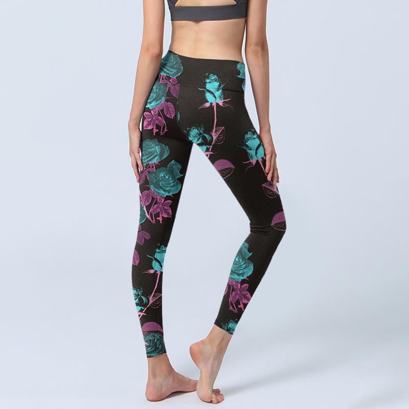 Buddha Stones Black Rose Leaves Pattern Print Gym Leggings Women's Yoga Pants - image 5