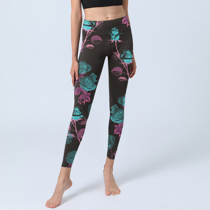 Buddha Stones Black Rose Leaves Pattern Print Gym Leggings Women's Yoga Pants - image 5