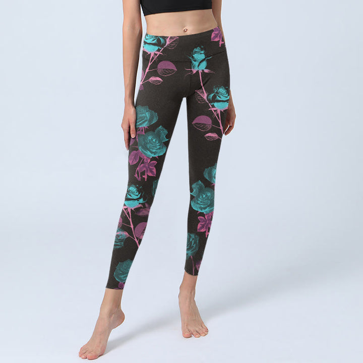 Buddha Stones Black Rose Leaves Pattern Print Gym Leggings Women's Yoga Pants - image 6