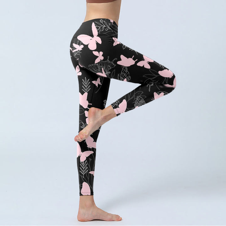 Buddha Stones Black Butterfly Plant Lines Pattern Print Gym Leggings Women's Yoga Pants - image 3