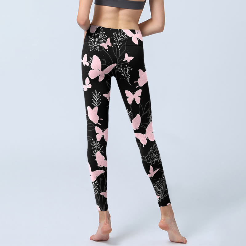 Buddha Stones Black Butterfly Plant Lines Pattern Print Gym Leggings Women's Yoga Pants