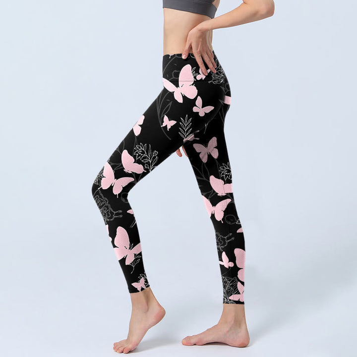 Buddha Stones Black Butterfly Plant Lines Pattern Print Gym Leggings Women's Yoga Pants