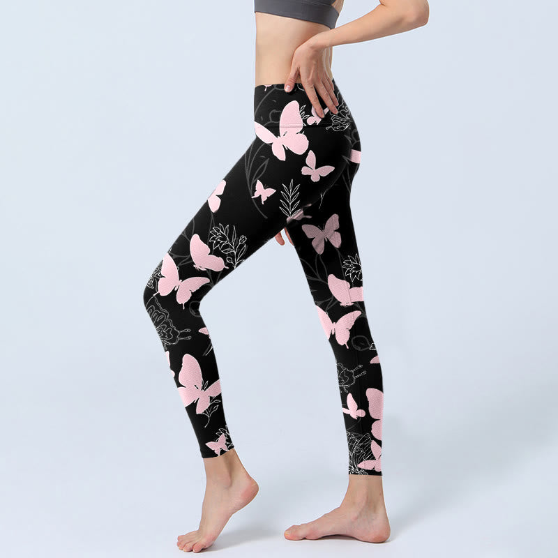 Buddha Stones Black Butterfly Plant Lines Pattern Print Gym Leggings Women's Yoga Pants - image 2