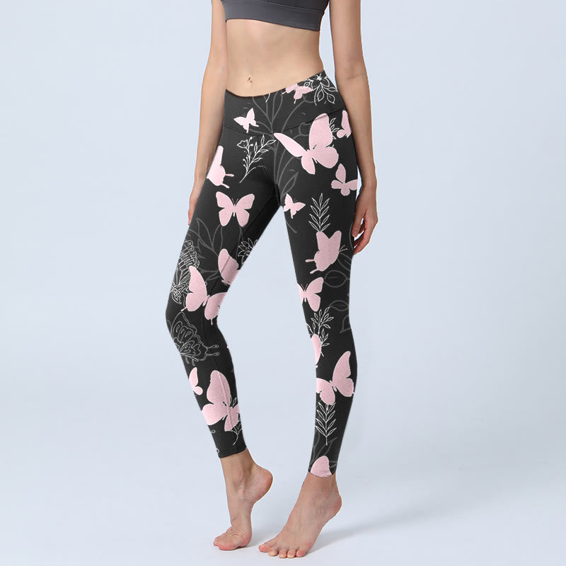Buddha Stones Black Butterfly Plant Lines Pattern Print Gym Leggings Women's Yoga Pants - Black - US18，UK/AU22，EU50 (4XL) - image 0