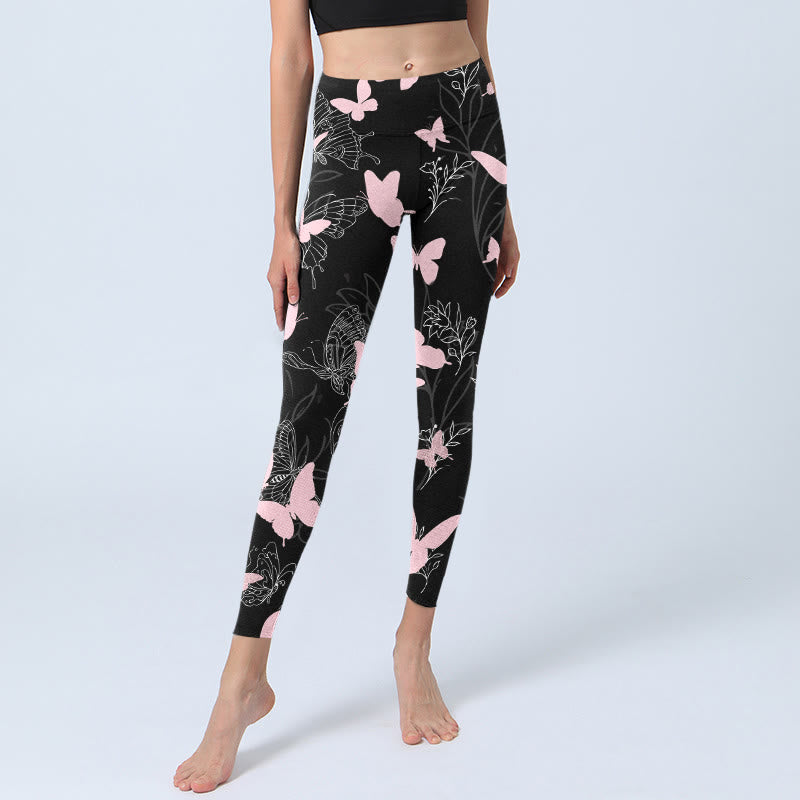 Buddha Stones Black Butterfly Plant Lines Pattern Print Gym Leggings Women's Yoga Pants - image 6
