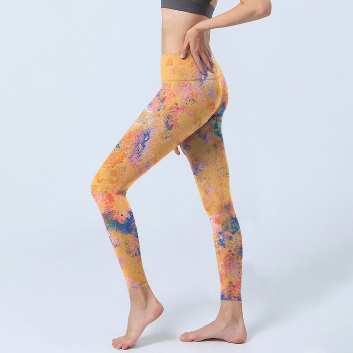 Buddha Stones Bright Yellow Abstract Watercolor Pattern Print Gym Leggings Women's Yoga Pants