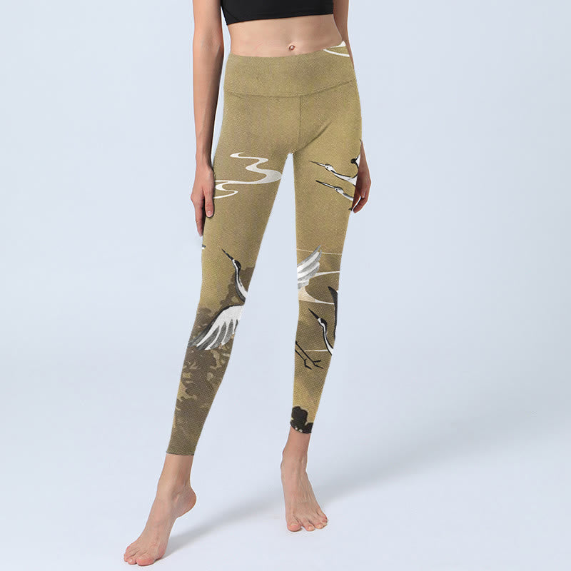 Buddha Stones Trees Cloud Red-crowned Crane Pattern Print Gym Leggings Women's Yoga Pants - image 6
