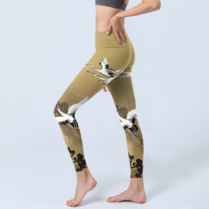 Buddha Stones Trees Cloud Red-crowned Crane Pattern Print Gym Leggings Women's Yoga Pants