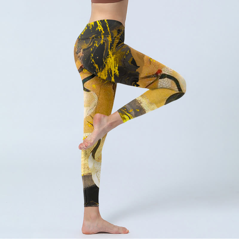 Buddha Stones Rock Pine Tree Red-crowned Crane Pattern Print Gym Leggings Women's Yoga Pants