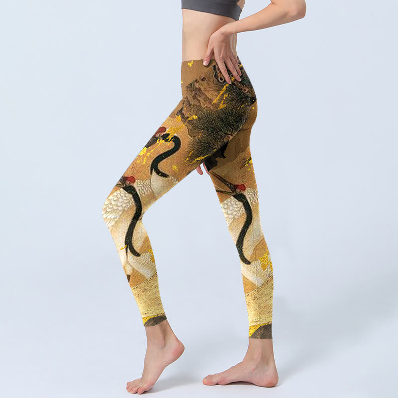 Buddha Stones Rock Pine Tree Red-crowned Crane Pattern Print Gym Leggings Women's Yoga Pants - image 3
