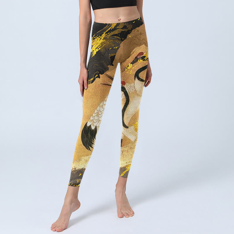 Buddha Stones Rock Pine Tree Red-crowned Crane Pattern Print Gym Leggings Women's Yoga Pants