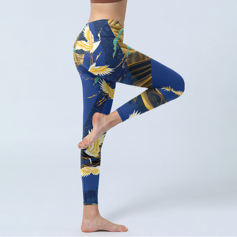 Buddha Stones Mountain Temple Red Crowned Crane Pattern Print Gym Leggings Women's Yoga Pants - image 3