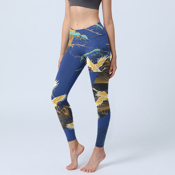 Buddha Stones Mountain Temple Red Crowned Crane Pattern Print Gym Leggings Women's Yoga Pants - DarkBlue - US18，UK/AU22，EU50 (4XL) - image 0