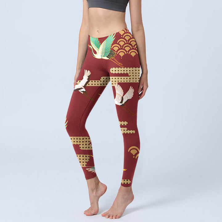 Buddha Stones Red Crowned Crane Cloud Pattern Print Gym Leggings Women's Yoga Pants